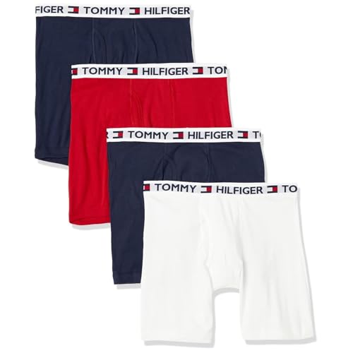 Tommy Hilfiger Men's 4 Pocket Boxer Brief, Red/Navy/White, Large