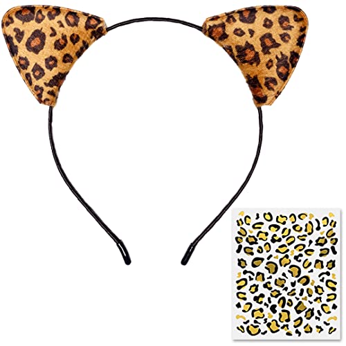 Funcredible Cheetah Ears Headband with Face Tattoos - Leopard Ears Accessory for Women and Kids