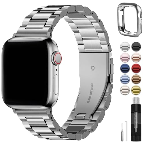 Fullmosa Compatible Apple Watch Bands 49mm 45mm 44mm 42mm 41mm 40mm 38mm, Stainless Steel iWatch Band with Case for Apple Watch Ultra2 Ultra Series 9 8 7 6 5 4 3 2 1 SE SE2, 42mm 44mm 45mm Silver