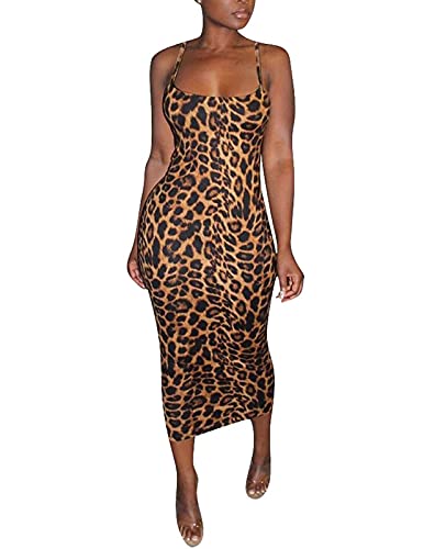 Rela Bota Women's Sexy Spaghetti Strap Sleevless Bodycon Midi Club Cocktail Dress Leopard Print M