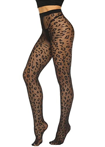 MANZI Patterned Tights Sheer Pantyhose for Women 20 Denier Sexy Stockings Black One Size with Leopard