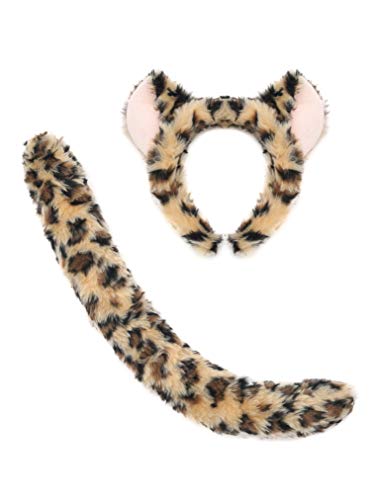 Soul Young Lion Wolf Faux Fur Ears and Tail Halloween Costume Party Cosplay Animal Accessory Set(One Size,Leopard)