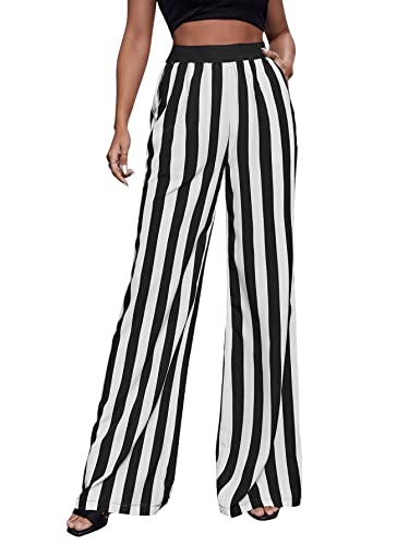 SweatyRocks Women's Striped Extra Long High Waited Wide Leg Pants Loose Casual Trousers with Pockets Black White XS