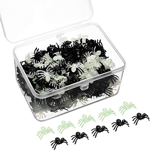 300 Pieces Mini Plastic Spiders Halloween Simulated Spiders Black and Luminous Spiders Realistic Prank Toy with Plastic Storage Box for Halloween Decor Supplies