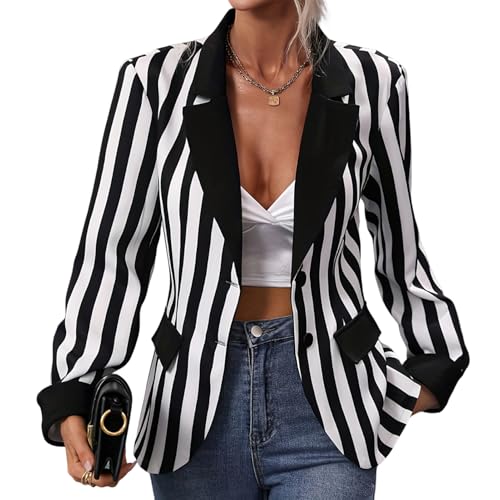 OBEEII Womens Black and White Striped Blazer Long Sleeve Single-breasted Button Vertical Striped Blazer Office Work Jacket Black white stripes L