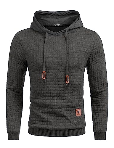 COOFANDY Men's Sweatshirt Hipster Gym Long Sleeve Drawstring Hooded Plaid Jacquard Pullover Hoodies Dark Gray