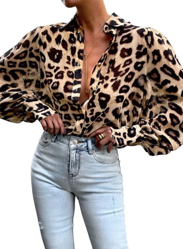 BTFBM Women Fashion Button Down Shirts Lapel V Neck Printed Solid Boho Long Sleeve Blouses Dressy Casual Summer Fall Top(Leopard Print, Medium)