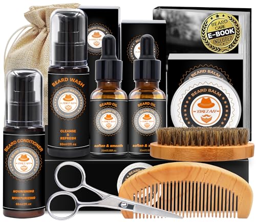 XIKEZAN Upgraded Beard Grooming Kit w/Beard Conditioner,Beard Oil,Beard Balm,Beard Brush,Beard Wash,Beard Comb,Beard Scissor,Bag,E-Book,Beard Care Daddy Gifts for Men Him Dad Husband Boyfriend