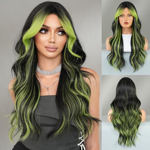 TRUMOST Black Wig Green Highlight Long Wavy Wig with Curtain Bang 26 Inch Ombre Black Green Wig Synthetic Heat Resistant for Women Daily Party used.