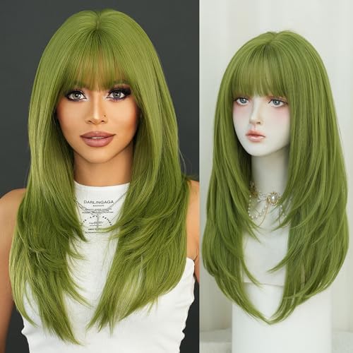 7JHH WIGS Long Straight Green Synthetic Wig with Bangs 25inch Layered Straight Middle Length Heart Resistant Synthetic Fiber Wig Natural Looking Wigs for Women Party Cospaly Wig and Daily Used