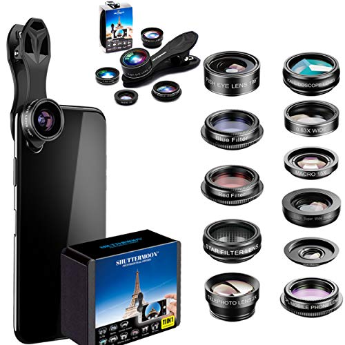 SHUTTERMOON Camera Lens Kit Smartphones/Pixel/Samsung/Android Phones Camera. 2xTele Lens ZoomLens+Fisheye Lens+0.36XSuper Wide Angle Lens & 20X Macro Lens CPL.Blue &Red Filter Filter