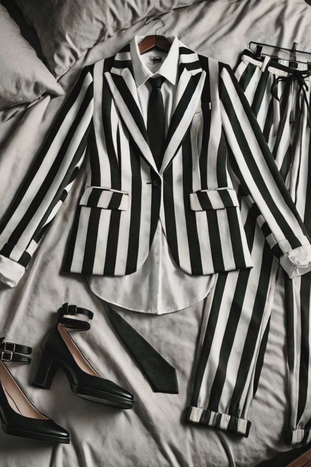 a black and white striped suit and shoes